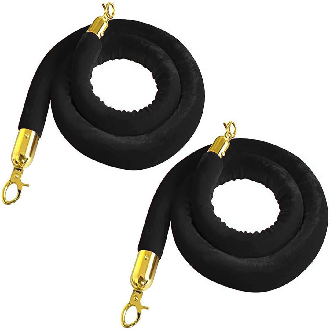 2Pcs Black Velvet Stanchion Rope, 5 Feet Crowd Control Rope Barrier with Gold Plated Hooks for Movie Theater, Queue Barrier, Grand Openings, WeddingMuseum, Hotel Celebration, Carpet Party Event
