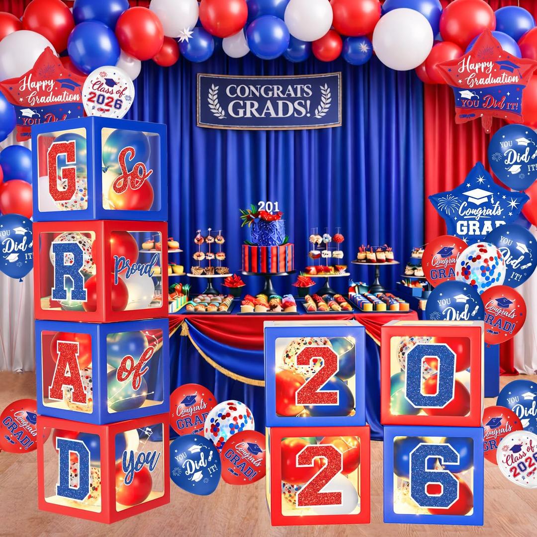 2026 Graduation Decorations, Red and Blue Graduation Decorations, Balloons Boxes (4PCS) with Letters 2026 GRAD So Proud of You, Congrats Grad Decorations for High School & College