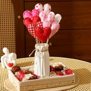 Thyle 8 Pcs Valentine's Day Heart Flower Picks Stuffed Fabric Heart on Sticks Plush Valentines Floral Picks for Flower Arrangement Centerpiece Vase Filler Wedding Table Decor(Red Pink Style)