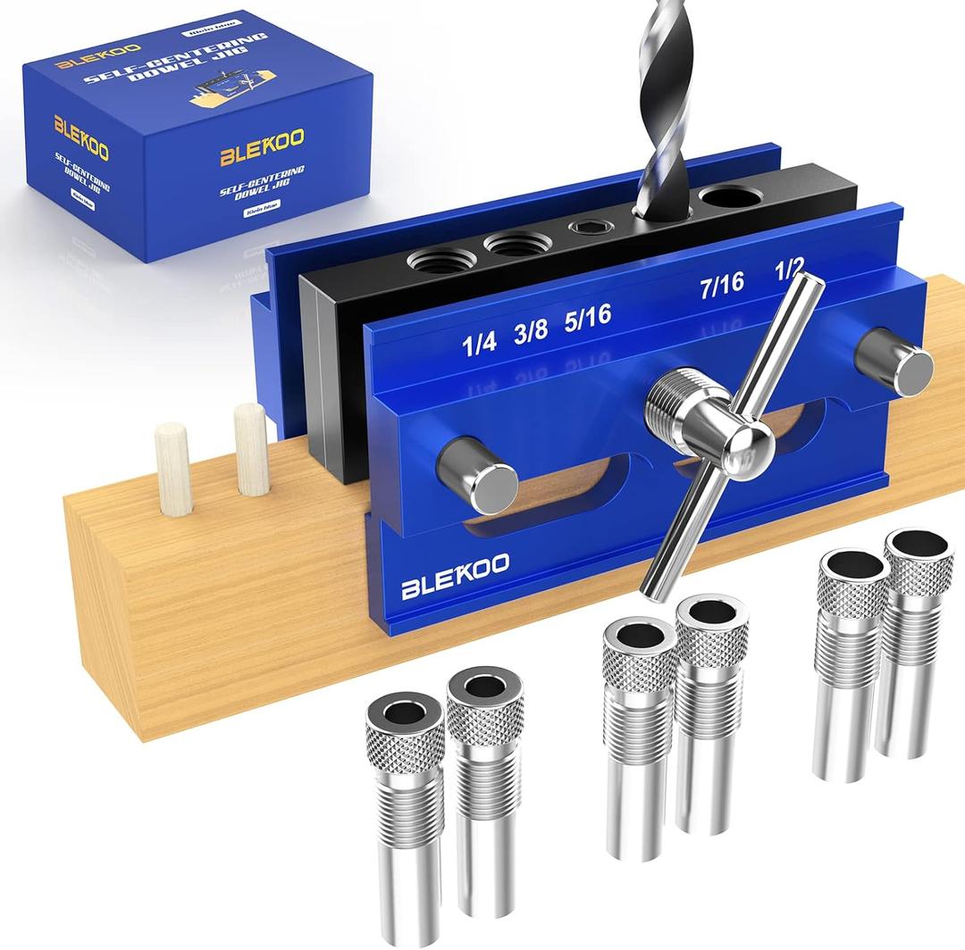 BLEKOO Self Centering Doweling Jig Kit, Drill Jig For Straight Holes Biscuit Joiner Set With 6 Drill Guide Bushings, Adjustable Width Drilling Guide Power Tool Accessory Jigs (Blue)