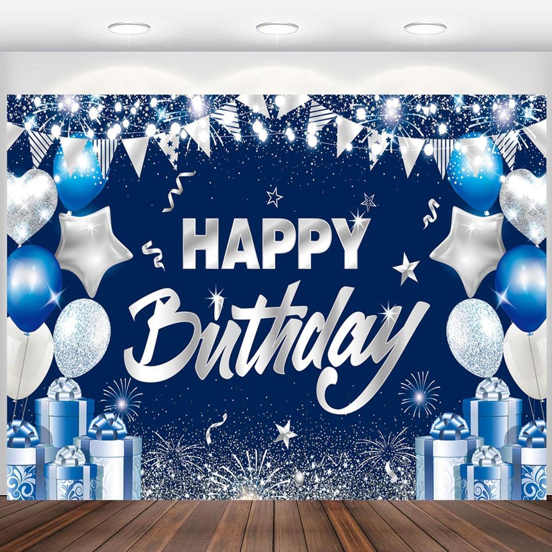 Navy Blue and Silver Happy Birthday Backdrop Banner Birthday Party Decorations Background for Men Women Boys Girls Wall Poster Supplies Fabric Photoshoot Props 10x8ft