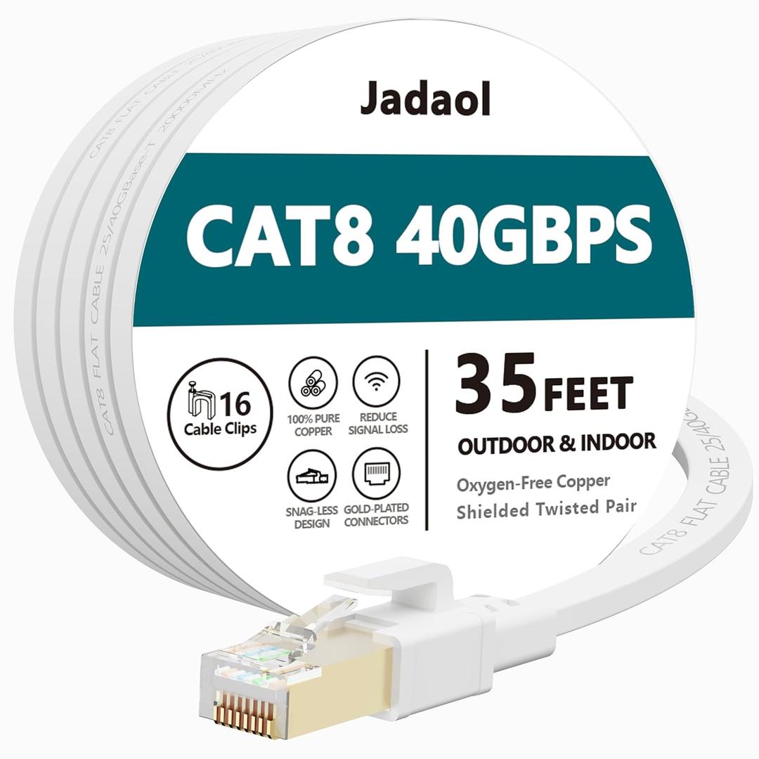 Jadaol Cat 8 Ethernet Cable 35 ft, 40Gbps 2000MHz Flat RJ45 S/FTP LAN Patch Cable, High-Speed Cat8 Network Cable for Router, Modem, Switch, Gaming Consoles, PC, Home Network & Streaming Devices, White
