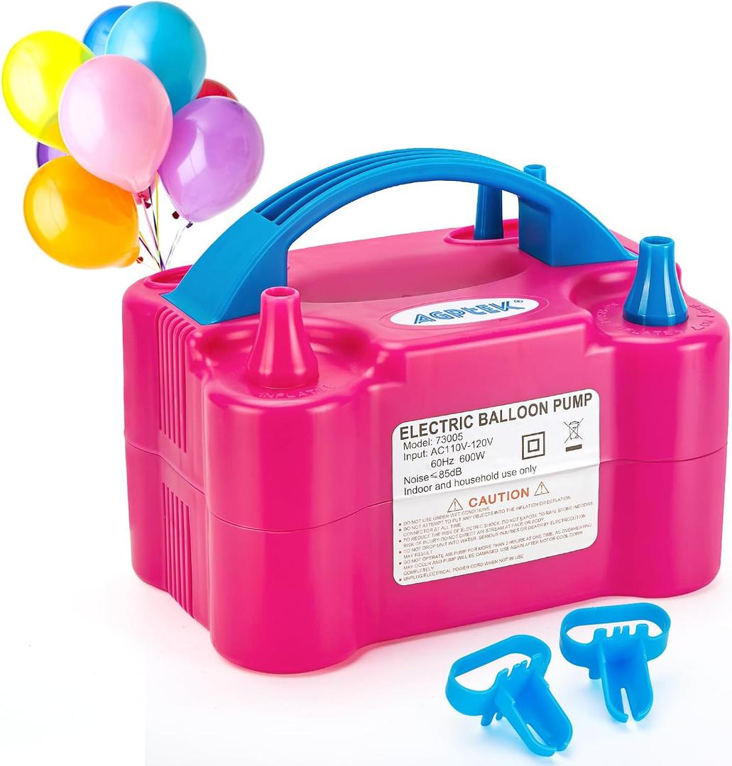 AGPTEK Electric Air Balloon Pump, 110V 600W Rose Red Portable Dual Nozzle Inflator/Blower for Party Decoration