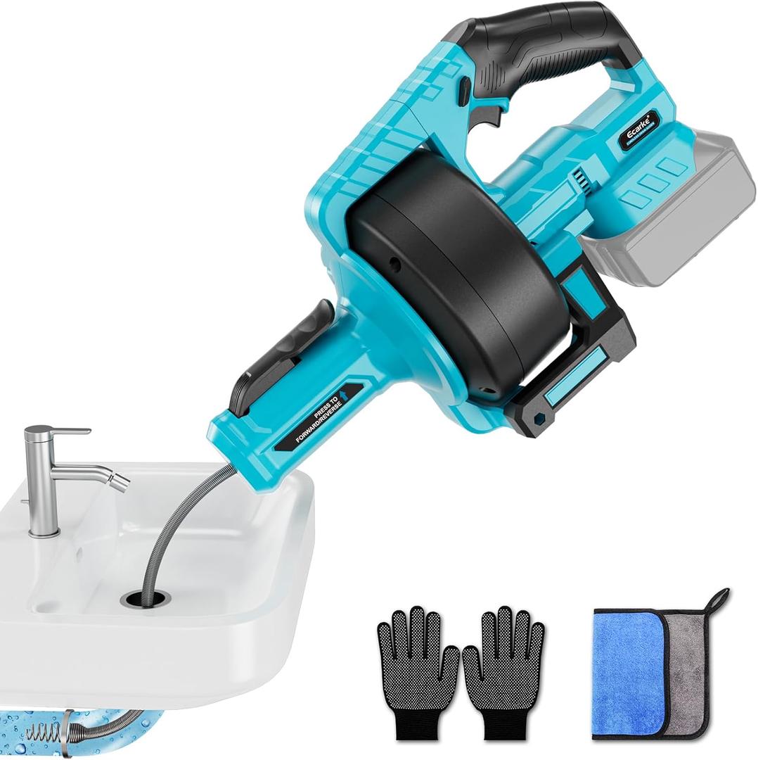 Ecarke Cordless Drain Auger 25Ft Compatible with Makita 18V Battery: 610 RPM Electric Plumbing Snake Drain Auger Spiral Machine, Powerful Drain Cleaner With Towel & Gloves for Kitchen,Sewer(Tool Only)