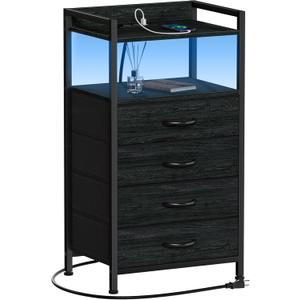 Furnulem Night Stand with Charging Station, Black Nightstand with Drawers and Led Light, Tall Dresser for Bedroom, Bedside Table with Fabric Storage Bins, Metal Frame, Wood Furniture