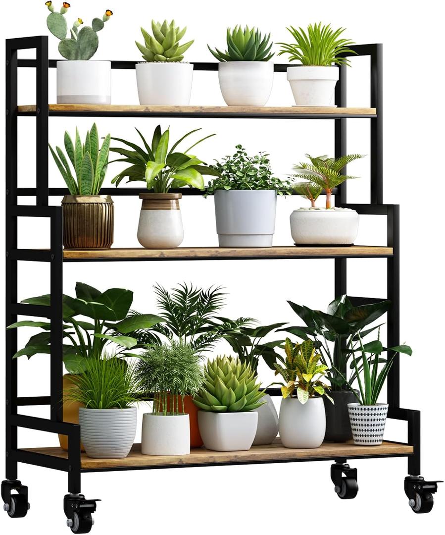 YIZAJIA Plant Stand Indoor 3 Tier Metal Board Outdoor Tiered Stands Shelf With wheel for Multiple Plants Potted Ladder Plant Holder Table Plant Pot Stand for Window Garden Balcony Living Room (3 Tier-Black+Metal)