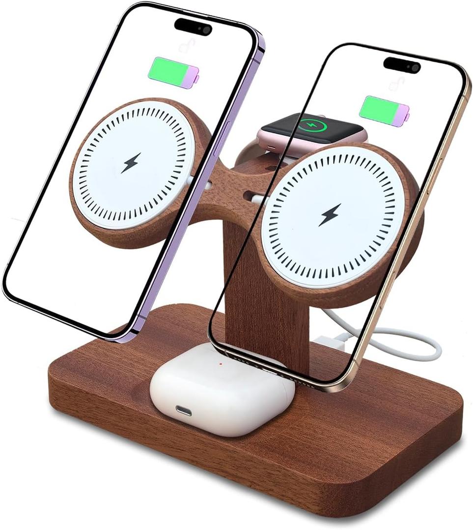 Dual Phone Charging Station for Apple Devices Wood Magnetic Phone Charger Stand for iPhone 17 16 15 14 13 12 Mini Wireless Charger Apple Charging Station for iWatch Series AirPod 4 3 2 Pro