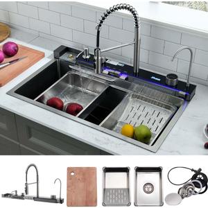 30 Inch Waterfall Smart Kitchen Sink -Wesliv 30x18 Waterfall Kitchen Sink Stainless Steel Digital Display Pull-Out Faucet 18 Guage Single Bowl Sinks with Cup Washer & Soap Dispenser