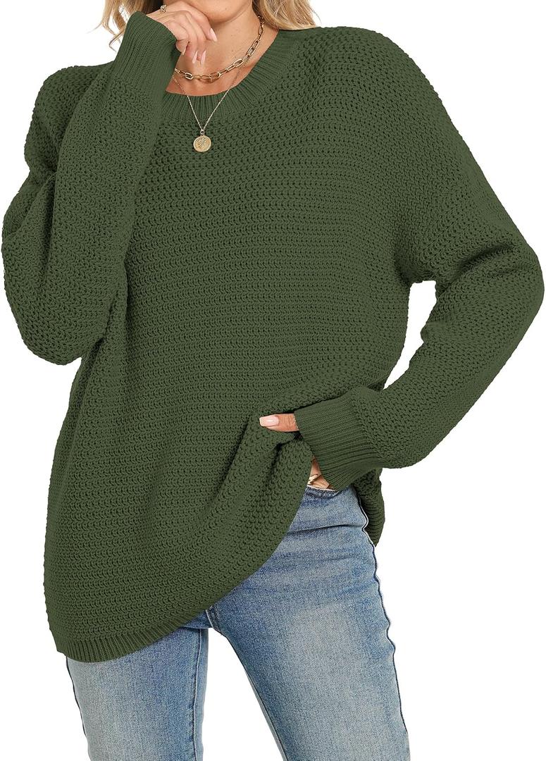 Womens 2025 Fall Sweaters Long Sleeve Chunky Knit Pullover Sweater Casual Crew Neck Oversized Sweaters (Green, M)