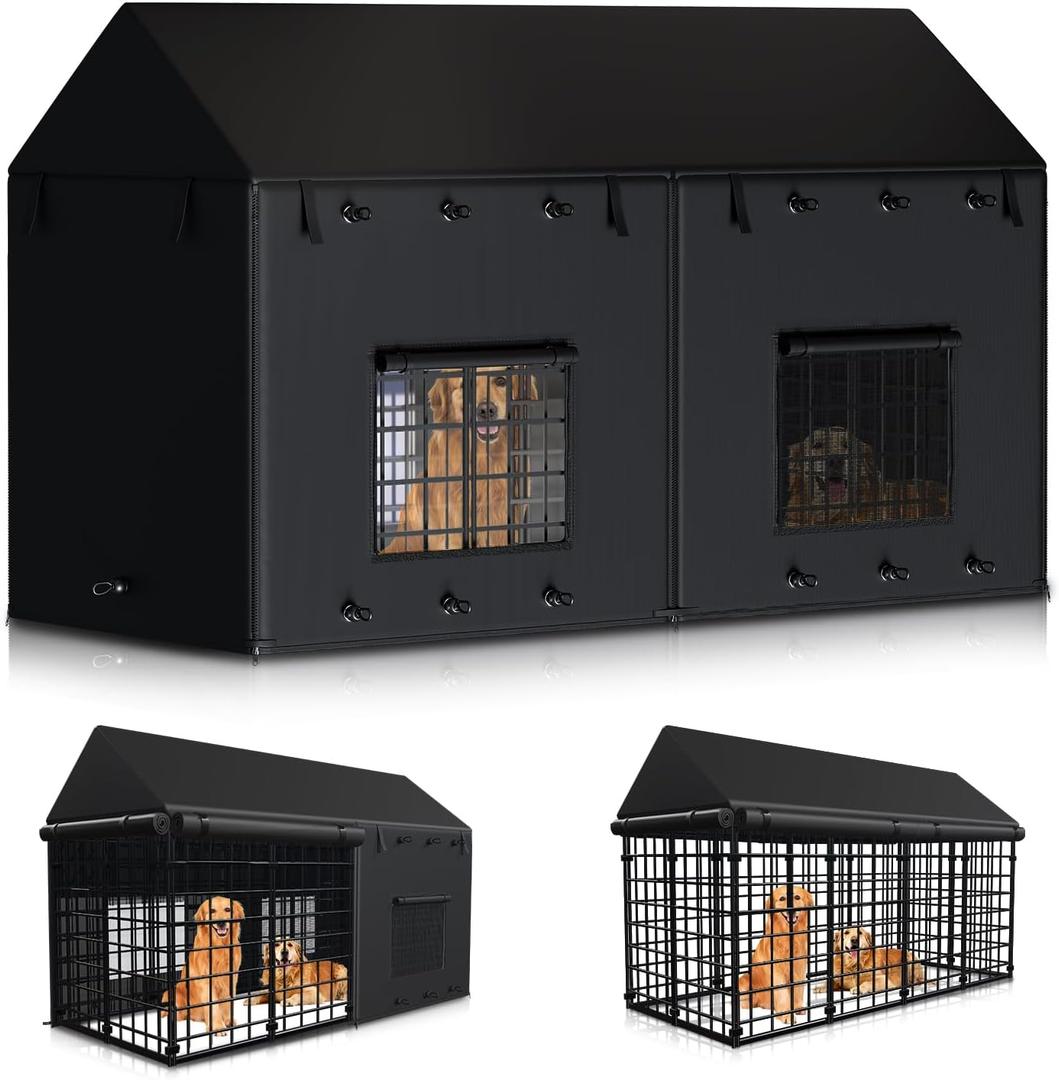 Outdoor Dog Kennel Cover for 8'Dx4'Wx6'H Full Coverage 900D Heavy Duty Waterproof Windproof Covers with EVA Window & Breathable Mesh for Large Dog Cage Outdoor (Cover Only) Black