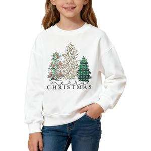 Christmas Sweatshirt for Girls Xmas Tree Plaid Raglan Sleeve Pullover Tops Kids Holiday Graphic Tees Shirt Outfit (7-8 Years, White)