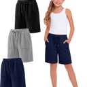 Xaatren 3 Pack Girls Bermuda Shorts | Knee Length Shorts, Long Shorts, Sweatshorts, for Kids 5-14 Years, Summer, Loose, Athletic, School, 2 Pockets, Drawstring
