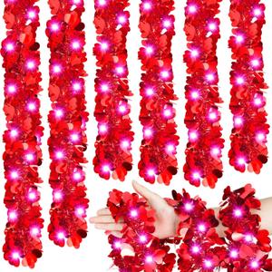Chuangdi Chuangdi 16.4 Feet Valentine's Day Tinsel Garland with Lights 50 LEDs Metallic Tinsel Twist Garland Hanging Shiny Lights for Valentine Tree Wreath Wedding Home Party Decorations(Romantic Red)