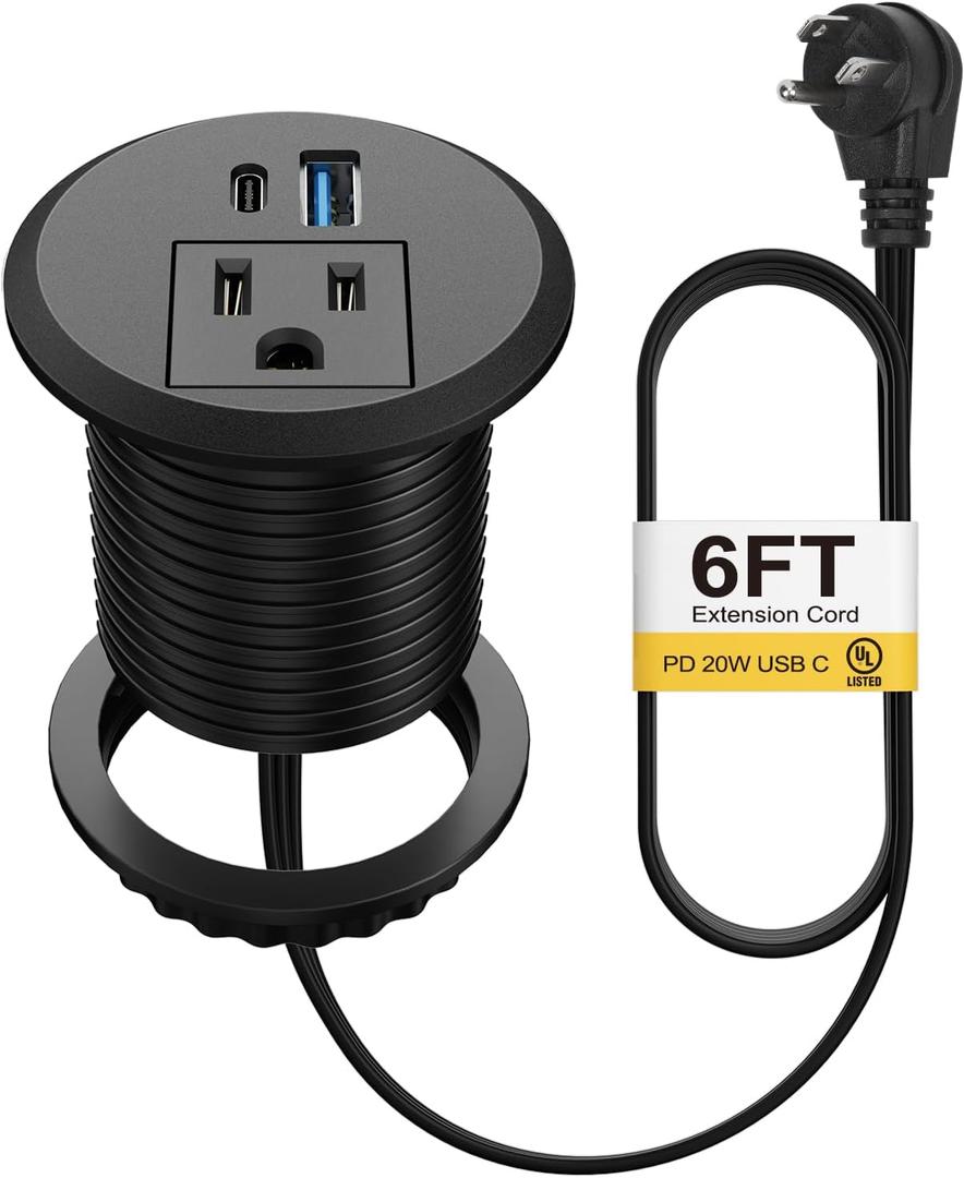 2 Inch Desk Power Grommet USB C PD 20W, Recessed Power Strip Socket with AC Plugs and 2 USB Charging Ports, Hidden Power Strip for Office Furniture Conference Room Kitchen Table, Black