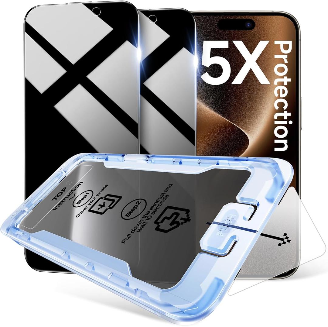 2 x SMARTDEVIL 2 Pack Privacy Screen Protector for iPhone 15 Pro Max, 28 Anti-Spy 9H Tempered Glass, Impact & Scratch Resistant, Auto Dust & Bubble-Free Install Frame, Easy to Install, Case-Friendly