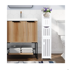 ShellKingdom Toilet Paper Holder Stand, Bathroom Storage Cabinet with Doors and Shelves, Slim Storage Cabinet for Bathroom Small Spaces Corner Shelf Organizer  White