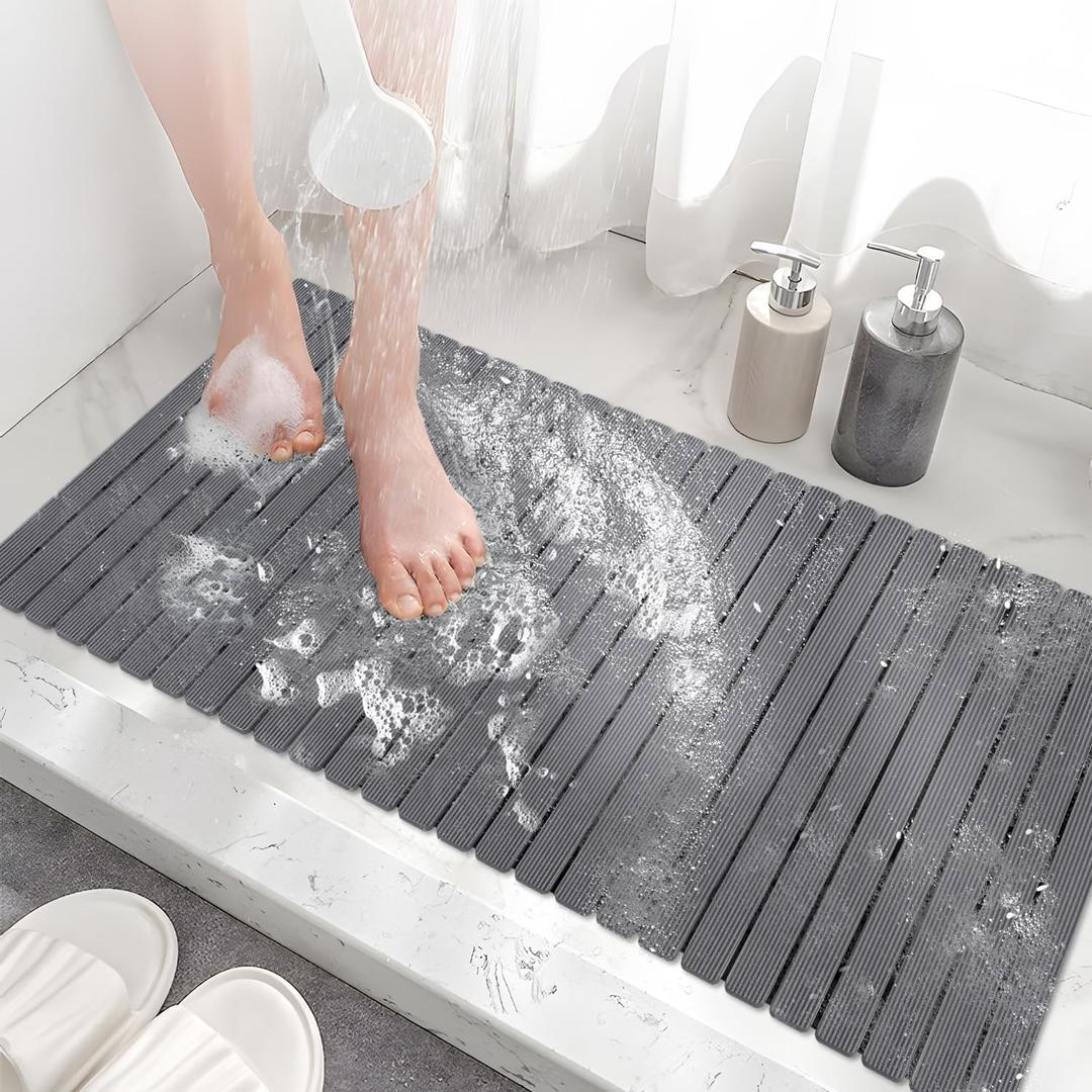 MBOSS Bathtub Mat Non Slip, Shower Mat for Inside Shower, Suction Cups Design and Drain Holes, 37.5 X 15.7 Inch, Bathroom Essentials Safe, Easy to DIY Cut, Soft and Eco-Friendly Materials (Dark Grey)