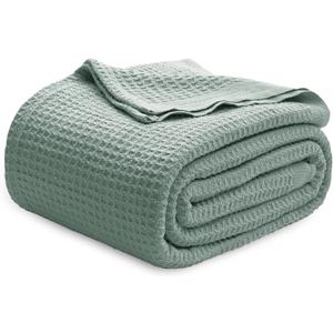 Bedsure 100% Cotton Blanket King Size for Bed - Breathable and Soft, Waffle Weave Blanket for Summer Spring, Sage Green, 104x90 inches (King (104" x 90"), 03 - Sage Green)