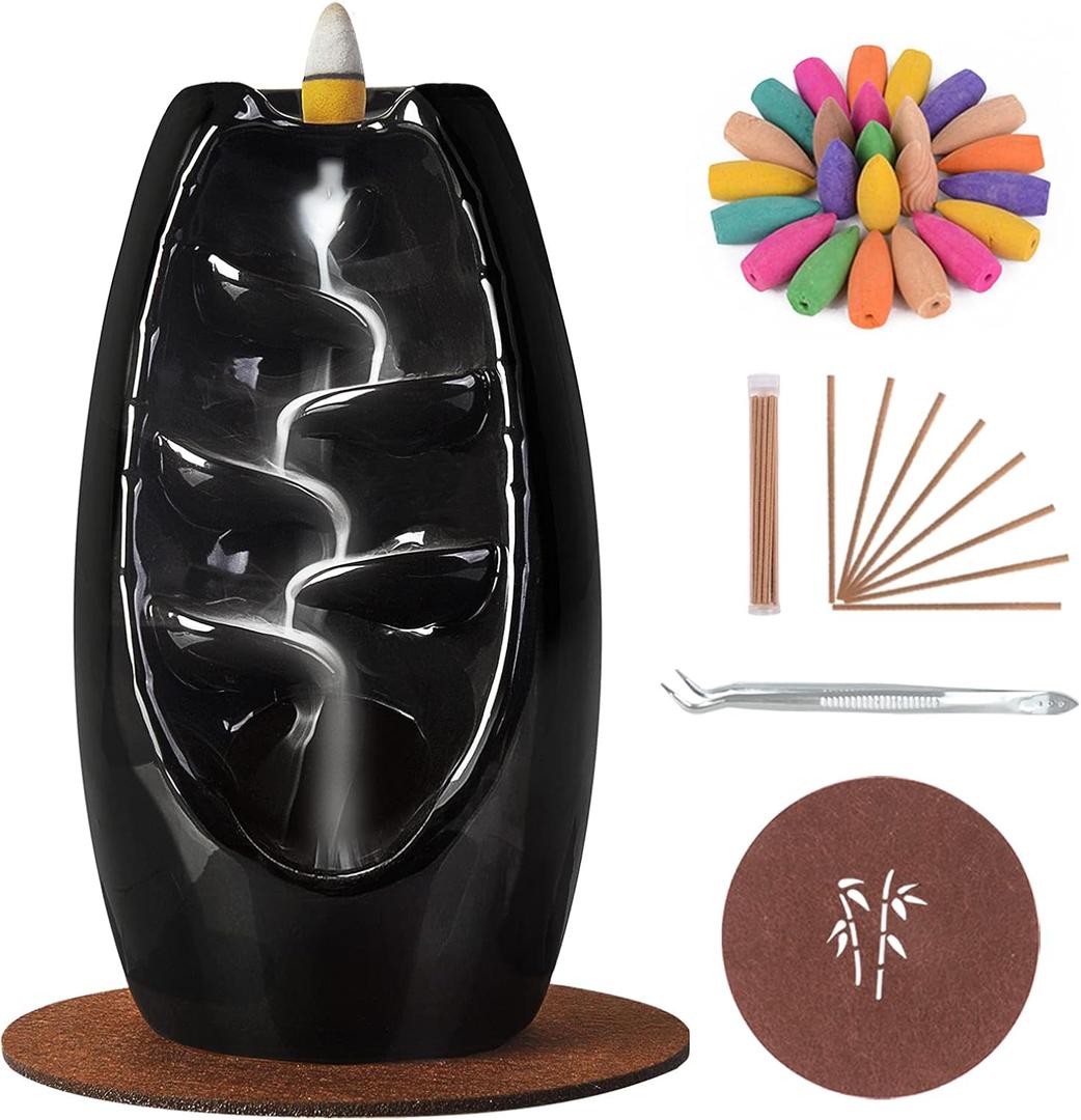 SPACEKEEPER Backflow Incense Holder Ceramic Incense Burner Waterfall, Aromatherapy Ornament Home Decor with 120 Backflow Incense Cones & 30 Incense Stick, Jet Black (Jet Black)
