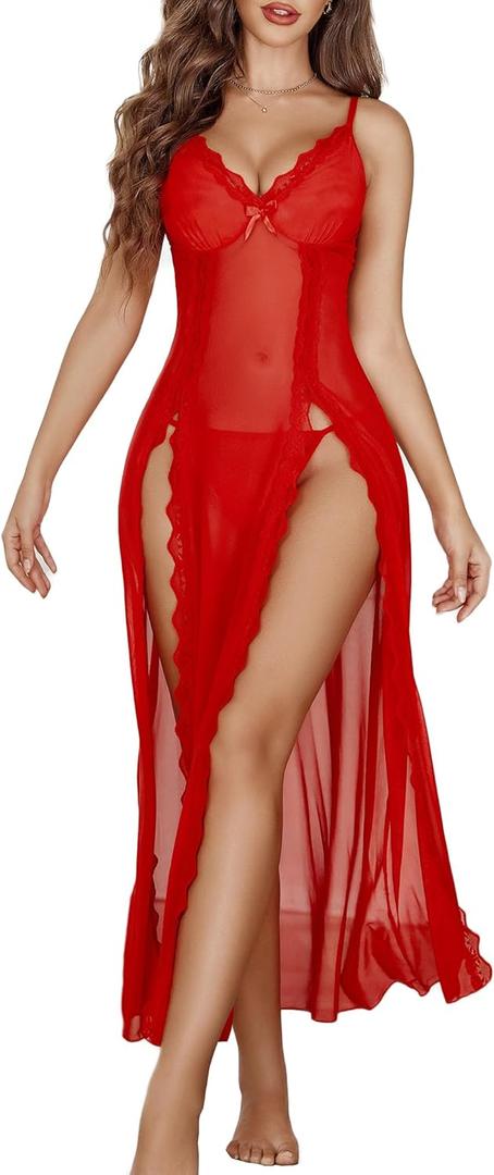 Avidlove Women Lingerie Lace Babydoll Chemise Sexy Mesh Nightdress V Neck Nightwear Side Split Nightgown (Large, Red)