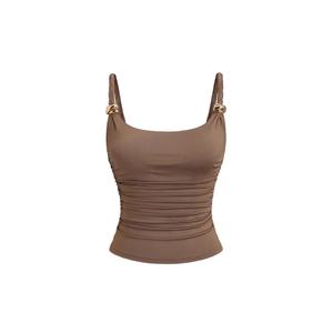 SOLY HUX Women's Sleeveless Cami Top Summer Spaghetti Strap Tank Shirts Ruched Elegant Fitted Camisole Pure Brown Medium (Brown, M)