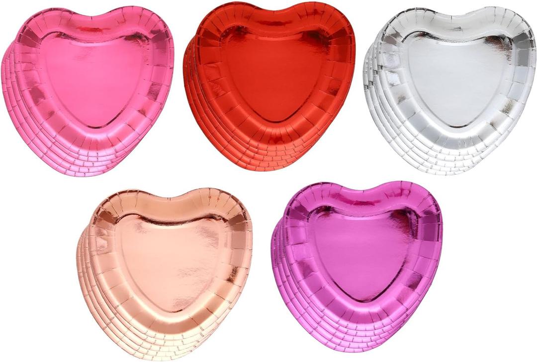 Winoo Design Bulk Valentines Plates - 50 PK - Shiny Heart Shaped Plates Paper for Valentines Day Decor Decorations Valentine Party Supplies