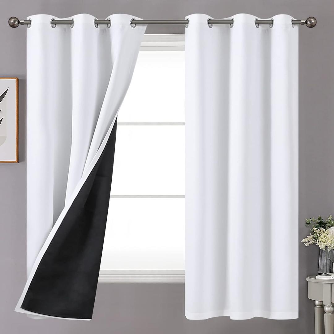 YoungsTex 100% Blackout Curtains 63 Inches Long for Bedroom, Black Out Room Darkening Drapes with Grommet Thermal Insulated for Living Room, Pure White, 2 Panels, 8ft x 52 Inch