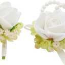 4 x MAFELOE Boutonniere Corsage Set, Artificial Flowers Accessories for Wedding Prom Party Homecoming Celebration Suit Decorations-2 Pieces White+Light Green