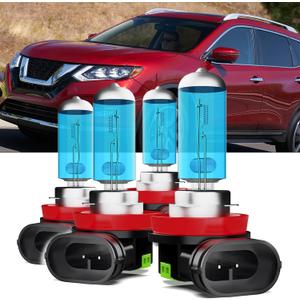 Upgraded Halogen Headlight Bulbs Fit For Nissan Rogue 2014-2020,H11/H8/H9 High Beam H11/H8/H9 Low Beam High Performance Headlights,6000K White,Plug n Play,4-Pack