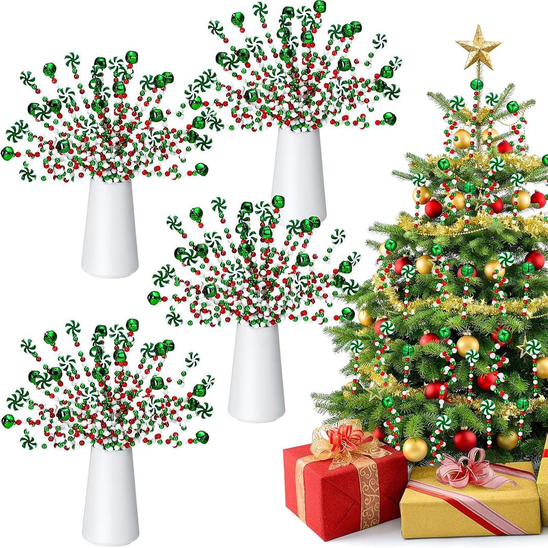 Liliful 40 Pcs Christmas Curly Pick Christmas Candy Cane Picks Decoration Plastic Twisted Lollipop Strips and Bells Strips Tree Ornaments for Xmas Tree Topper Home Office Vase Decor(Green, White)