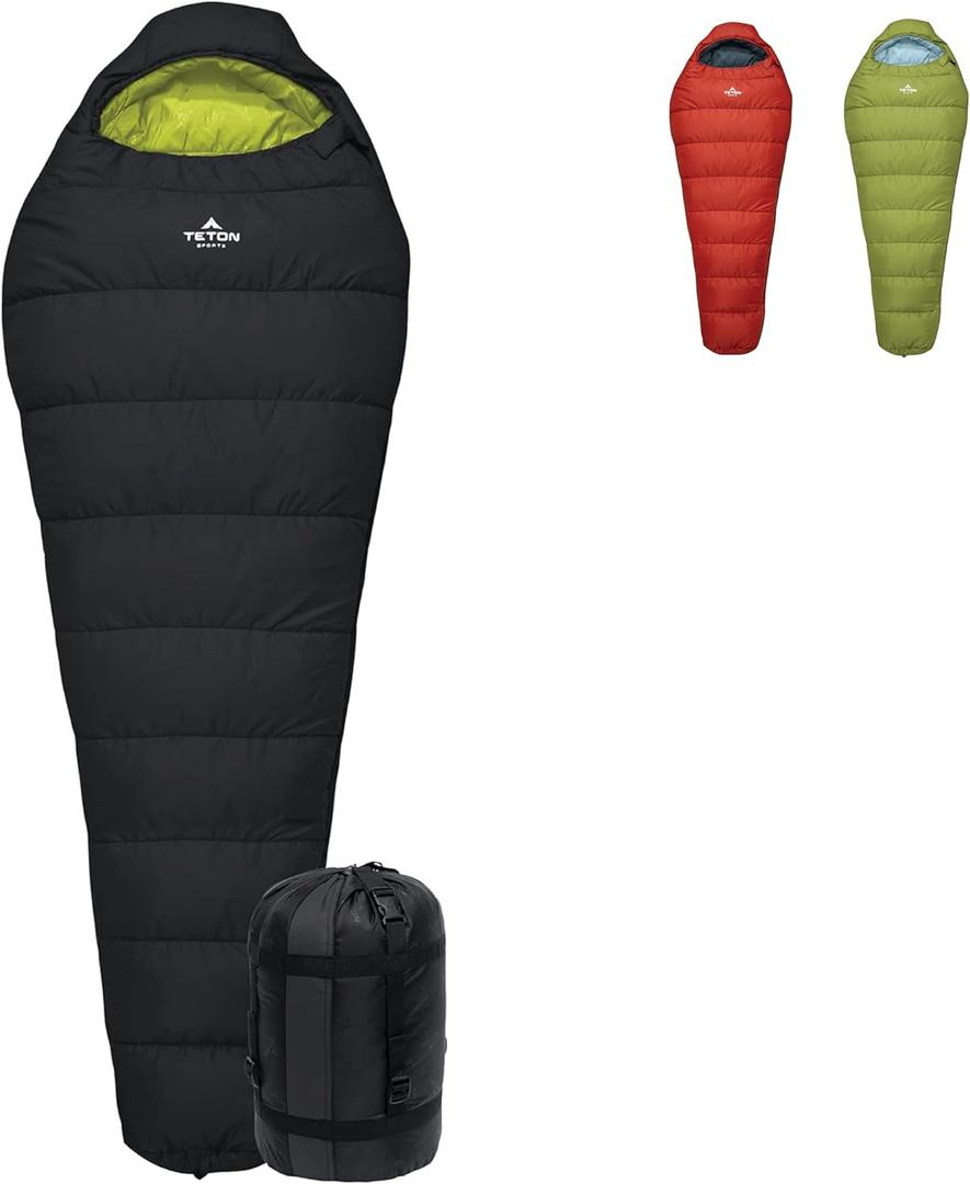Teton LEEF Lightweight Mummy Sleeping Bag Perfect for Camping, Hiking, and Backpacking; Cold Weather Option, Compression Sack Included (0F Long, Black/Sage)