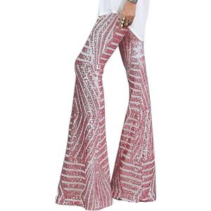BLENCOT Women's Glitter Sequin Wide Leg Palazzo Pants High Waist Bell Bottoms Party Flared Trousers (XX-Large, Pink)