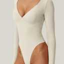 QINSEN Women's Long Sleeve Bodysuit V Neck Body Suits Seamed Cup Going Out Tops Shirt (Beige, L)