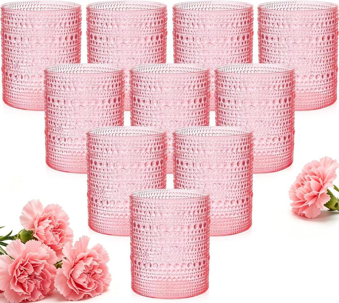 YOUBET 24PCS Plastic Drinking Glasses - 14OZ Pink Hobnail Drinkware Glasses - Vintage Glassware Textured Beaded Cups for Water, Beer, Whiskey, Juice and Various Mixed Drinks Mothers Day