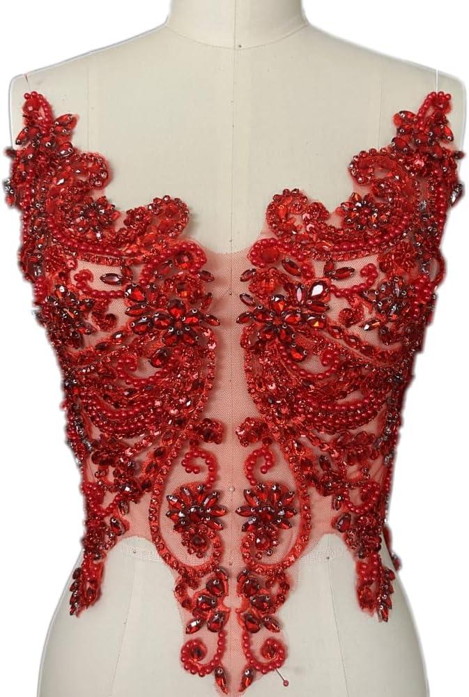 Handmade Rhinestones Lace Appliques Sew on Glass Beads Bodice Trim Patches Accessory for Dress Clothes (Red)