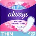 Always Daily Fresh Thin Liners, Regular Absorbency, Unscented Panty Liners, 432 Count (2 Packs of 216)