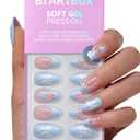 BTArtbox French Tip Press On Nails - Sweet Hour, Easy-to-Apply Blue Bow Short Almond Press On Nails with Glue and Adhesive Tabs in 16 Sizes - 32 Nails All-in-One Kit