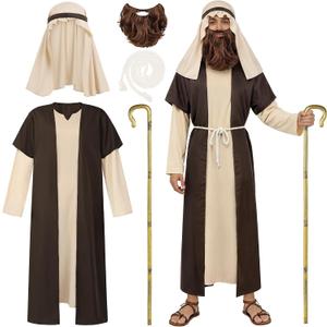 SOMSOC Mens Biblical Saint Joseph Sherherd Costume Jesus Robe Costume Beard Staffs Headwrap Hat Waist Rope Set