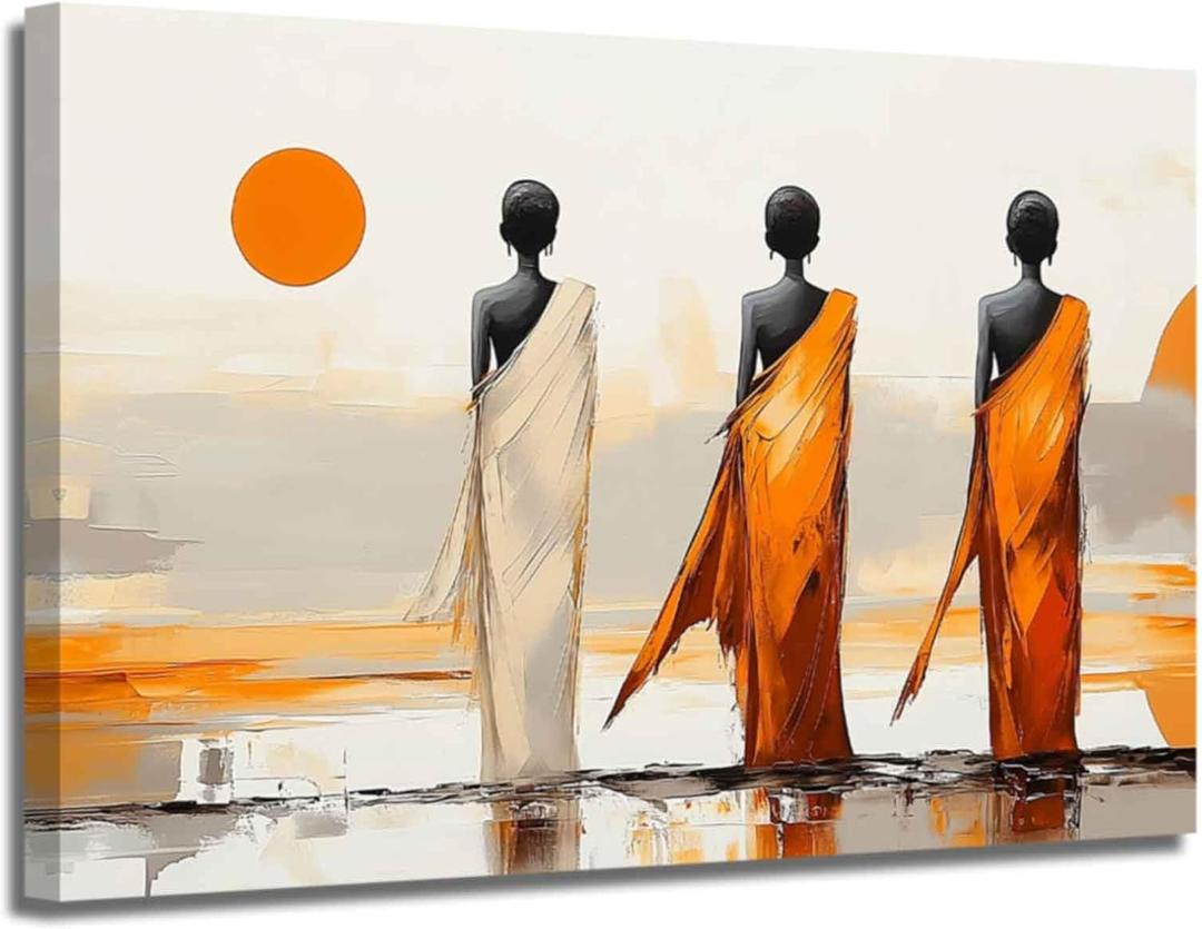 XLMDYYSW African Women Wall Art African Ethnic Tribal Pictures Traditional Black Girl Canvas Print Orange Sunset Lady Painting for Bedroom Office Decor Framed (Orange, 16L x 24W)