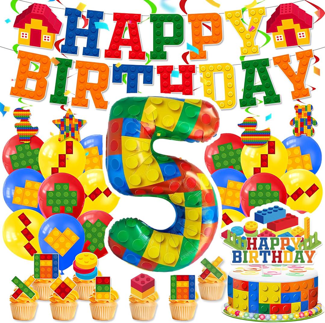 Birthday Decorations 5 Year Old Boy  Building Blocks 5th Birthday Decorations  Party Kit: Number 5 Balloon, Banner, Cupcake & Cake Toppers, Balloons  Brick Theme Party Supplies for Boys 5 Years Old