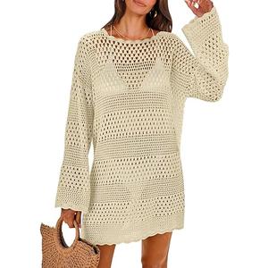 Women Swimsuit Crochet Swim Cover Up 2026 Summer Bathing Suit Swimwear Mesh Knit Beach Dress Vacation Outfits, Beige M