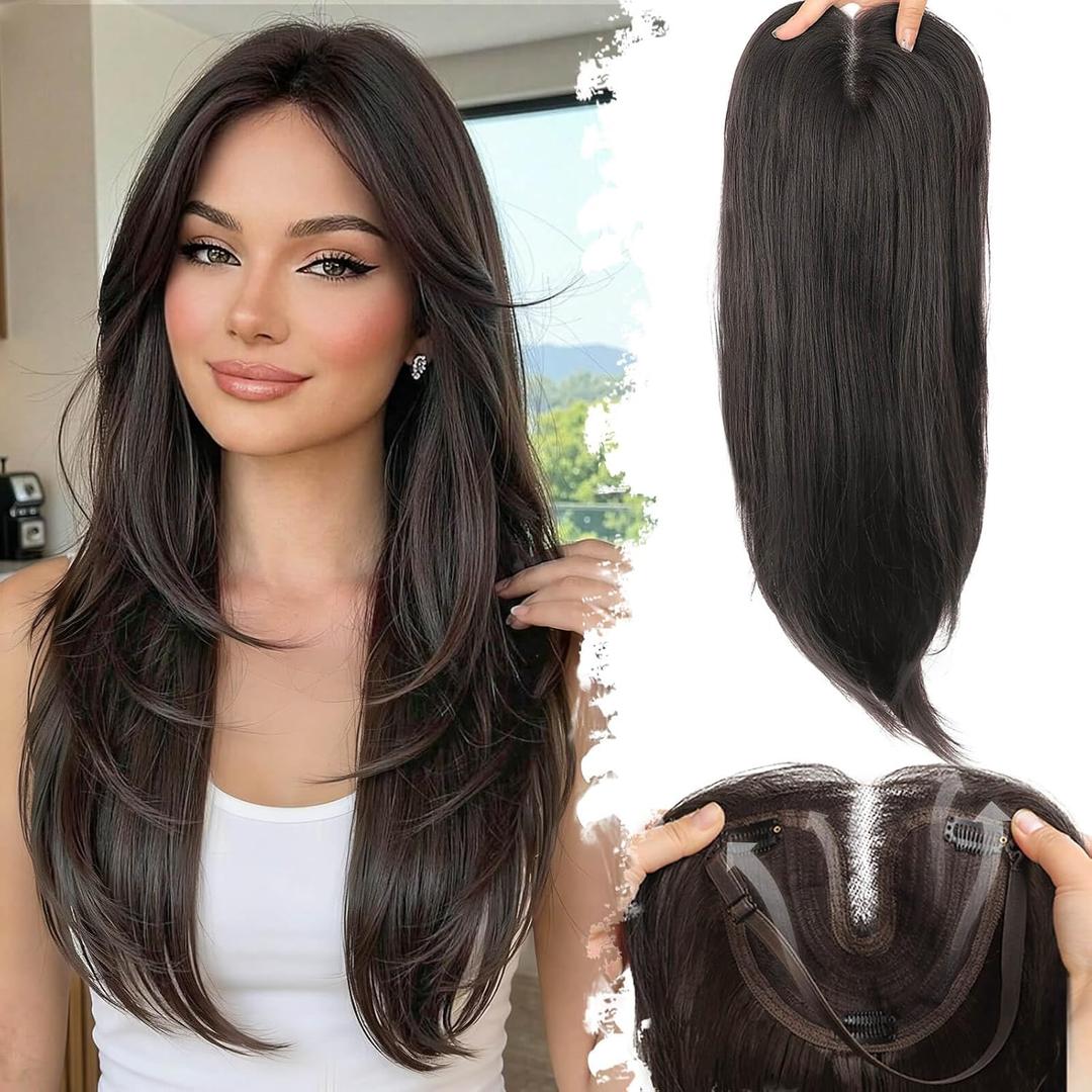 Eawwii Dark Brown Synthetic Hair Toppers for Women with Thinning 5x6 inch Large Base Coverage Clip in Wispy Bangs Upgraded Adjustable Bandage 24 Inch Long Layered