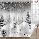 Merry Christmas Winter Shower Curtain, Cute Snowman Cardinal Snow Grey Bathroom Decoration Curtain Sets with Hooks 72 x 72 Inch White Gray Xmas Holiday Bath Decor