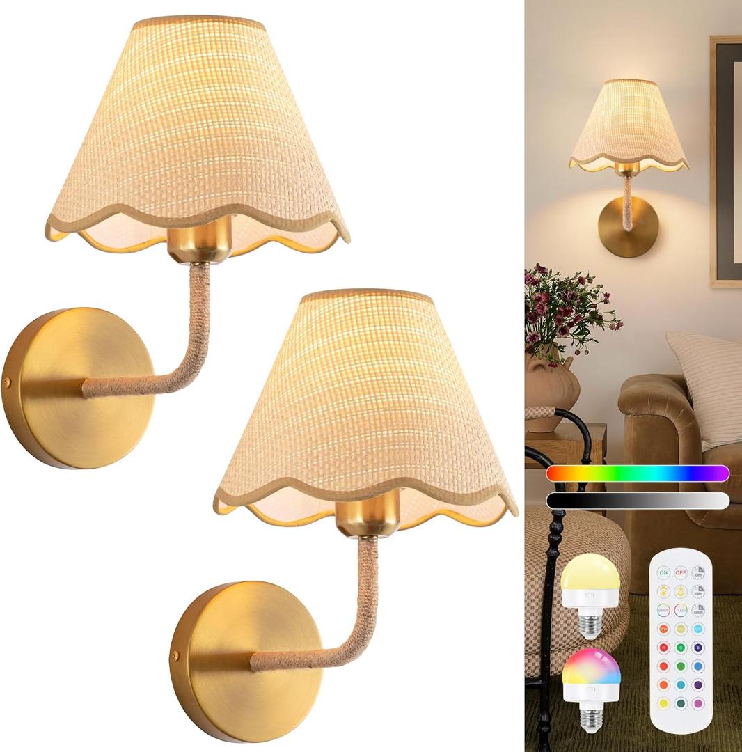 ADISUN Battery Operated Wall Sconce Set of 2, Gold Wall Lamps for Living Room, Rattan Shade, Dimmable, Wireless Wall Lights for Bedroom Living Room Hallway Kitchen(2 Bulbs Included)