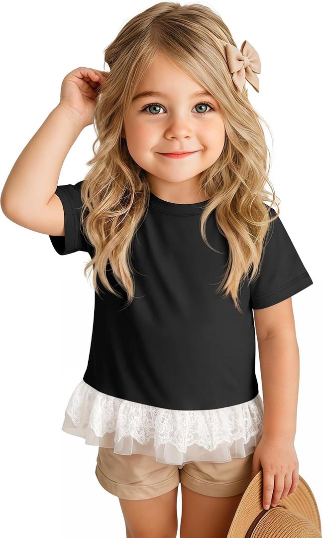 Toddler Girls Cotton Short Sleeve Shirts | Lace Hem, Crewneck, Baby Girl, Kids, Side Ruched, Summer, Tight, Cute, Basic, Casual, Comfortable, Soft, Solid Color, Plain