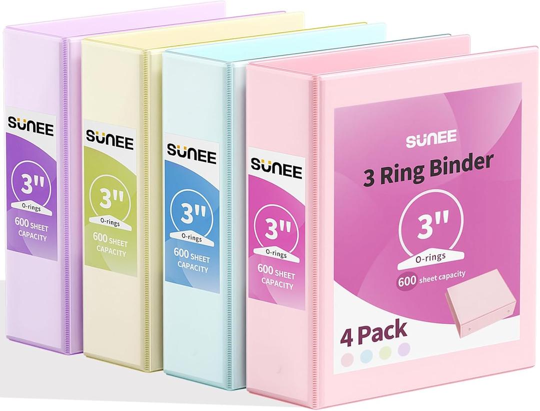 SUNEE 3 Ring Binder 3 Inch 4 Pack, 3" Large Clear View Binders Three Ring PVC-Free (Fit 8.5x11 Inches) for School or Office Supplies, Assorted Pastel