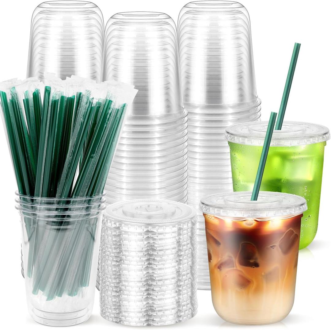 50PCS 12 oz Clear Plastic Cups with Lids and Dark Green Straws, Round Bottom Disposable To Go iced Coffee Cups, Small Bubble Tea Smoothie Cups for Drink Shops, Picnic, Takeout, Party, Office