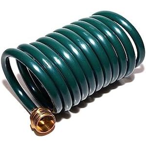 FUNJEE Lightweight EVA Coil 15 ft Garden Hose with 1/2" GHT Solid Brass Fittings, Water Hose with Brass Connectors (15FT, Green)