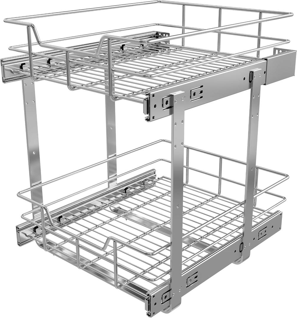 2 Tier Pull Out Cabinet Organizer 15" W X 17" D, Chromed, Full Slide Out