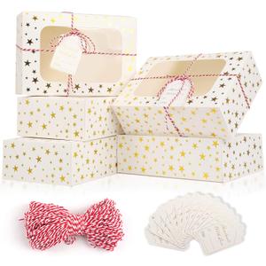 24 PCS Christmas Cookie Boxes for Gift Giving, 9x6x3 Golden Star Christmas Treat Boxes with Window, Auto-Up Holiday Cookie Boxes,Baking Goods Packaging Box for Desserts, Mini Cake, Donuts